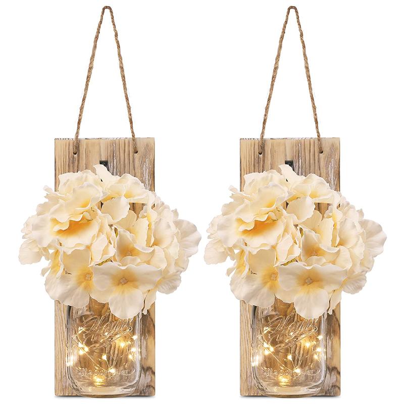 Mason Jars Rustic Wall Lamp With Silk Hydrangea