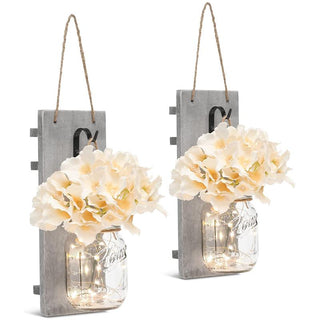 Mason Jars Rustic Wall Lamp With Silk Hydrangea
