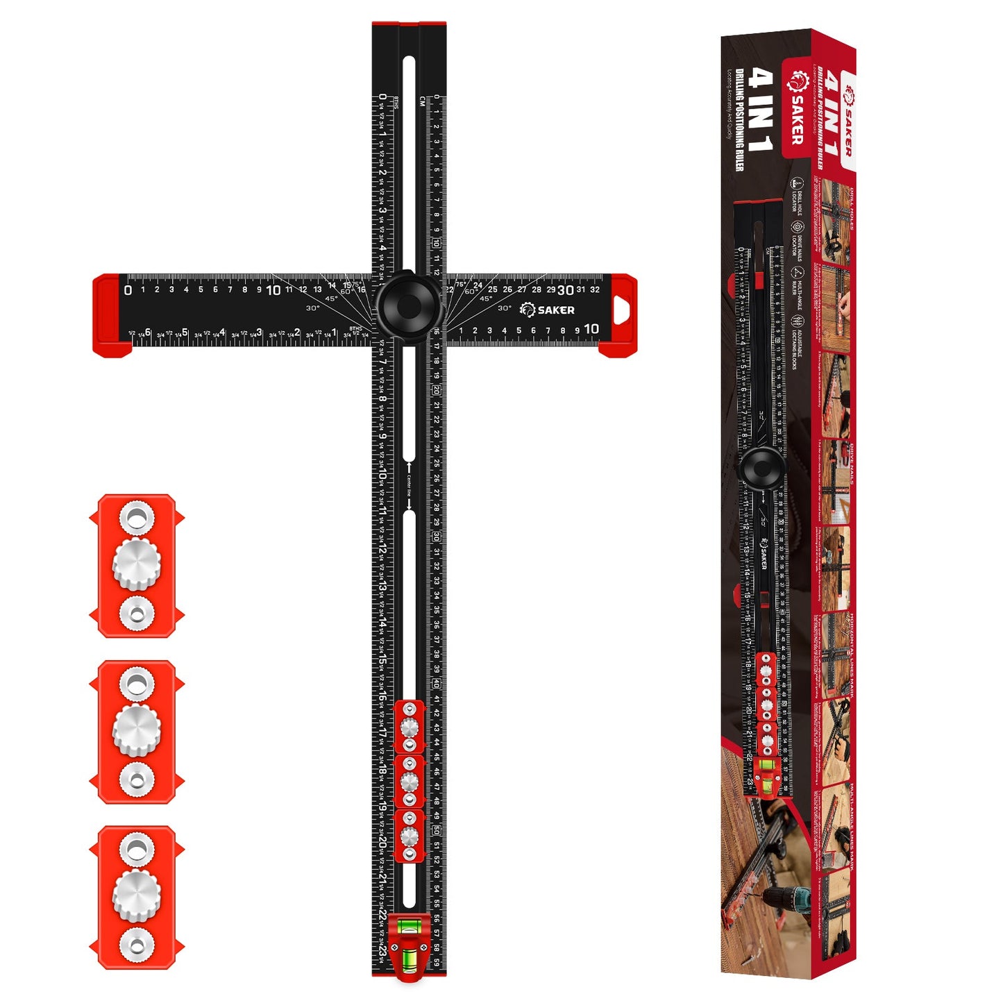Saker 4 in 1 Black Drilling Positioning Ruler
