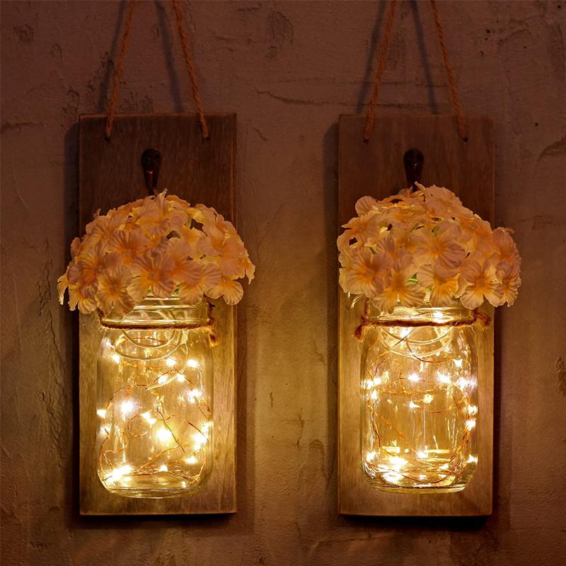 Mason Jars Rustic Wall Lamp With Silk Hydrangea