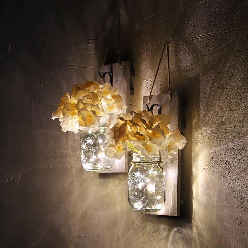 Mason Jars Rustic Wall Lamp With Silk Hydrangea