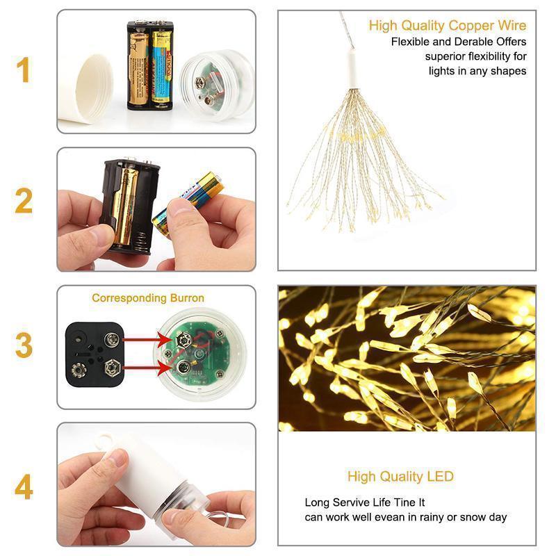 LED Copper Wire Starburst String Firework Lights, 120 brilliant LED lamp beads