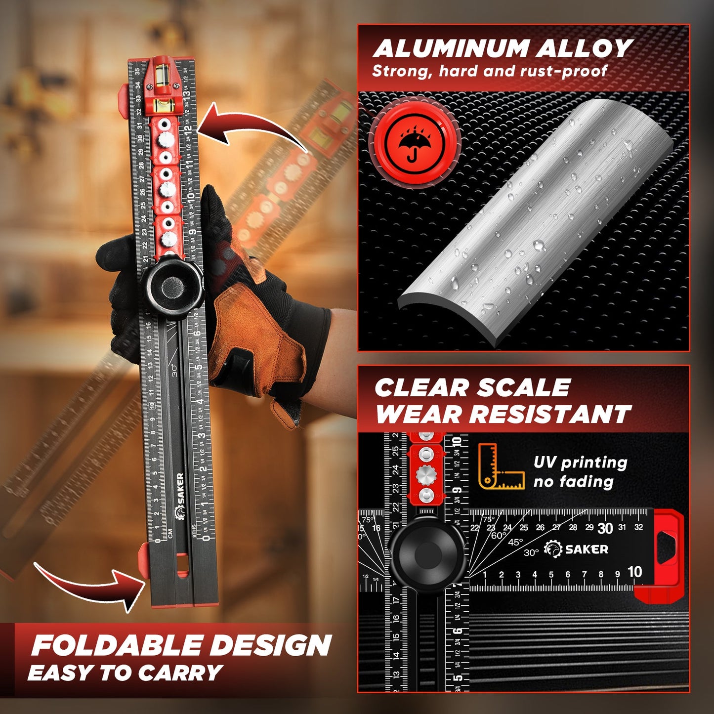 Saker 4 in 1 Black Drilling Positioning Ruler