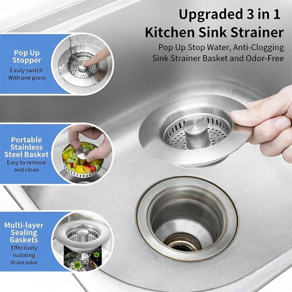 Sakerplus Upgraded 3-in-1 Kitchen Sink Drain Strainer