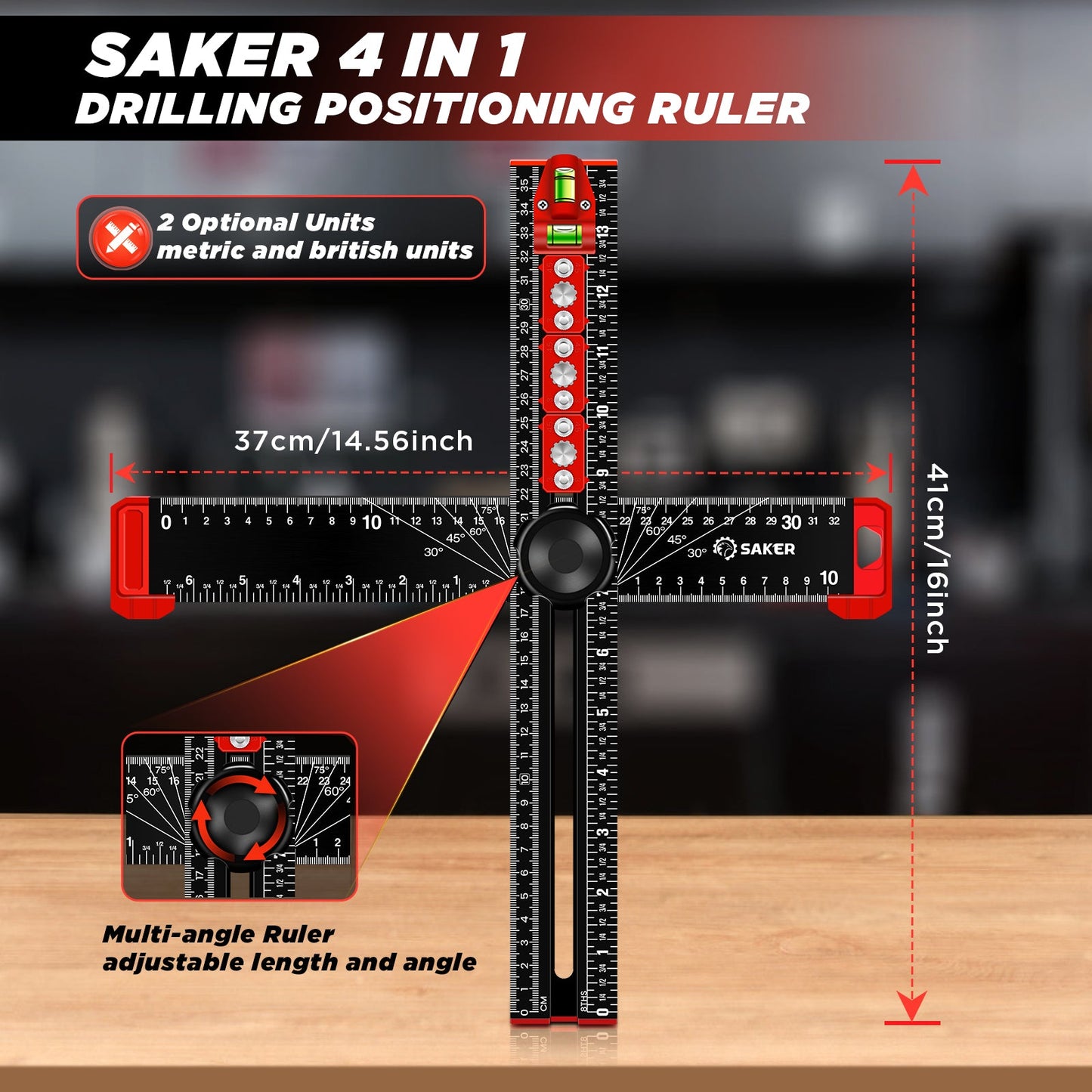 Saker 4 in 1 Black Drilling Positioning Ruler