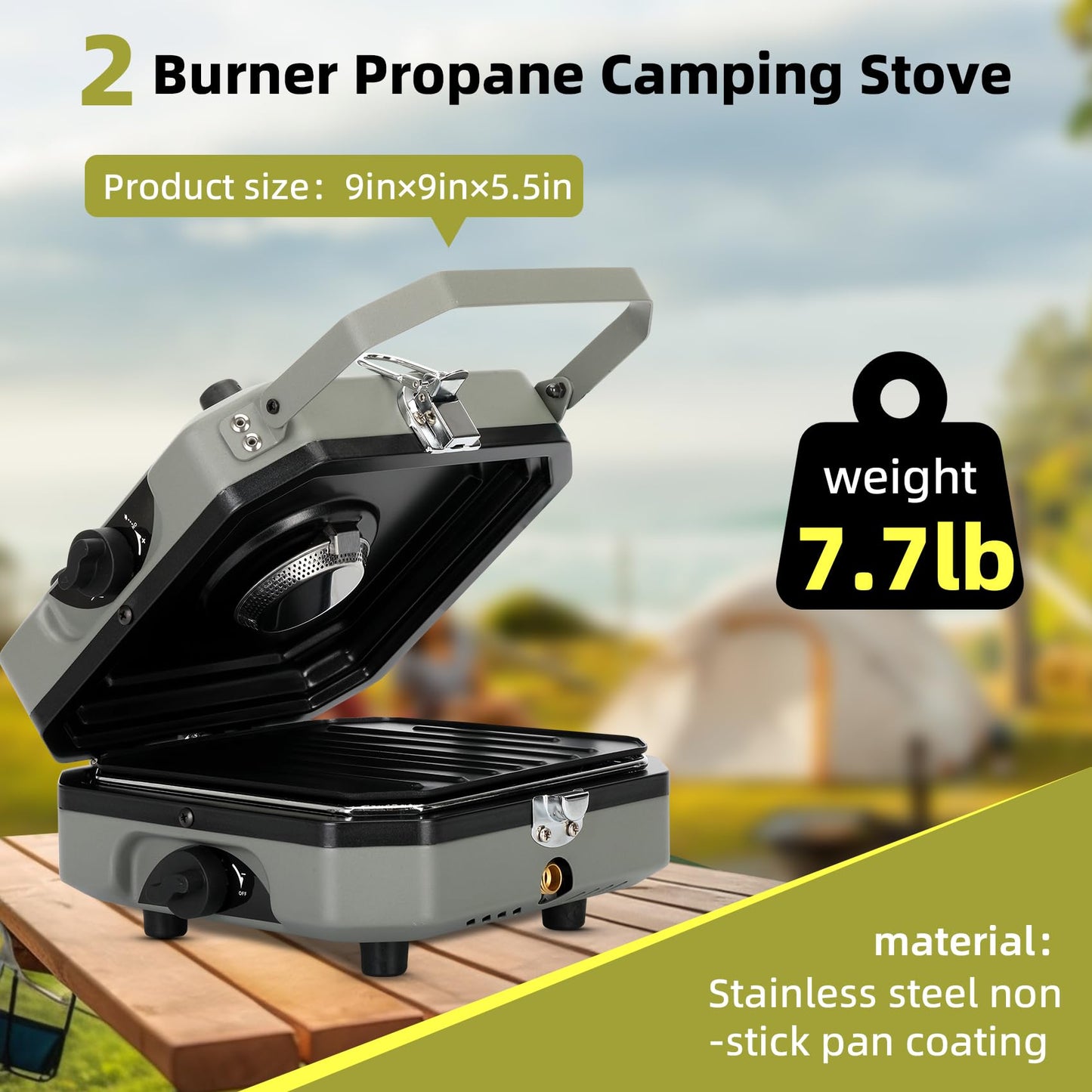 Sakerplus 2 Burner Propane Camping Stove with Grill