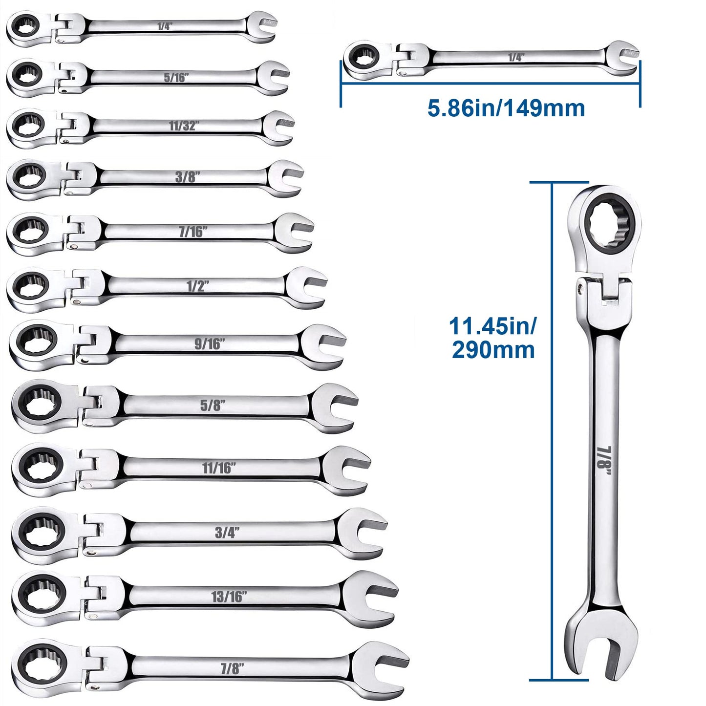 Sakerplus 12pcs SAE Flex-Head Ratcheting Wrench Set
