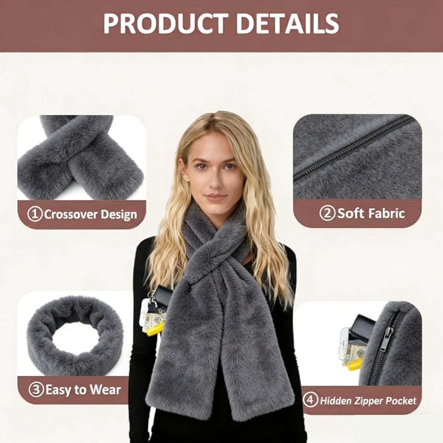 Sakerplus® Faux Fur Scarf With Hidden Pocket