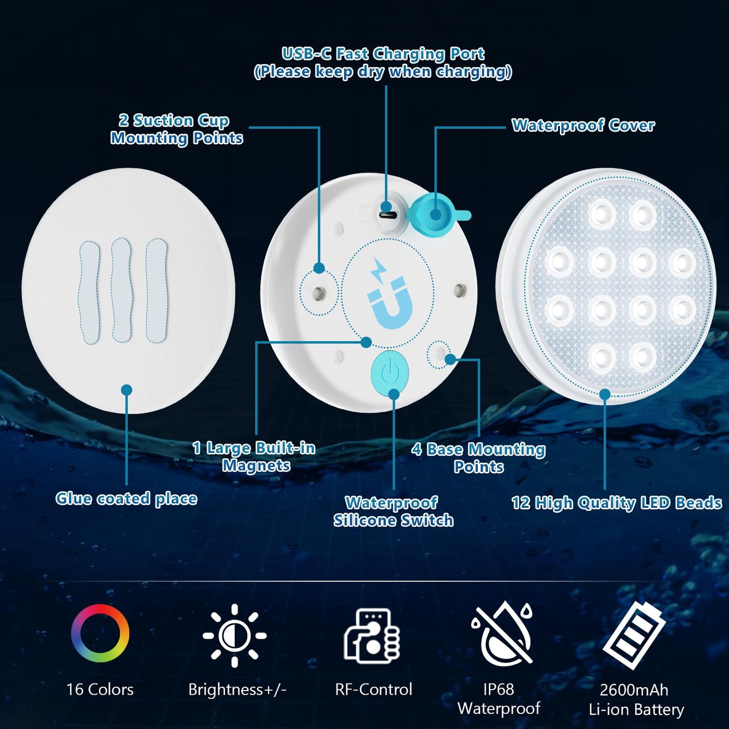 Sakerplus 2/4 PCS-Ultra-High Brightness Rechargeable Submersible LED Lights with Remote